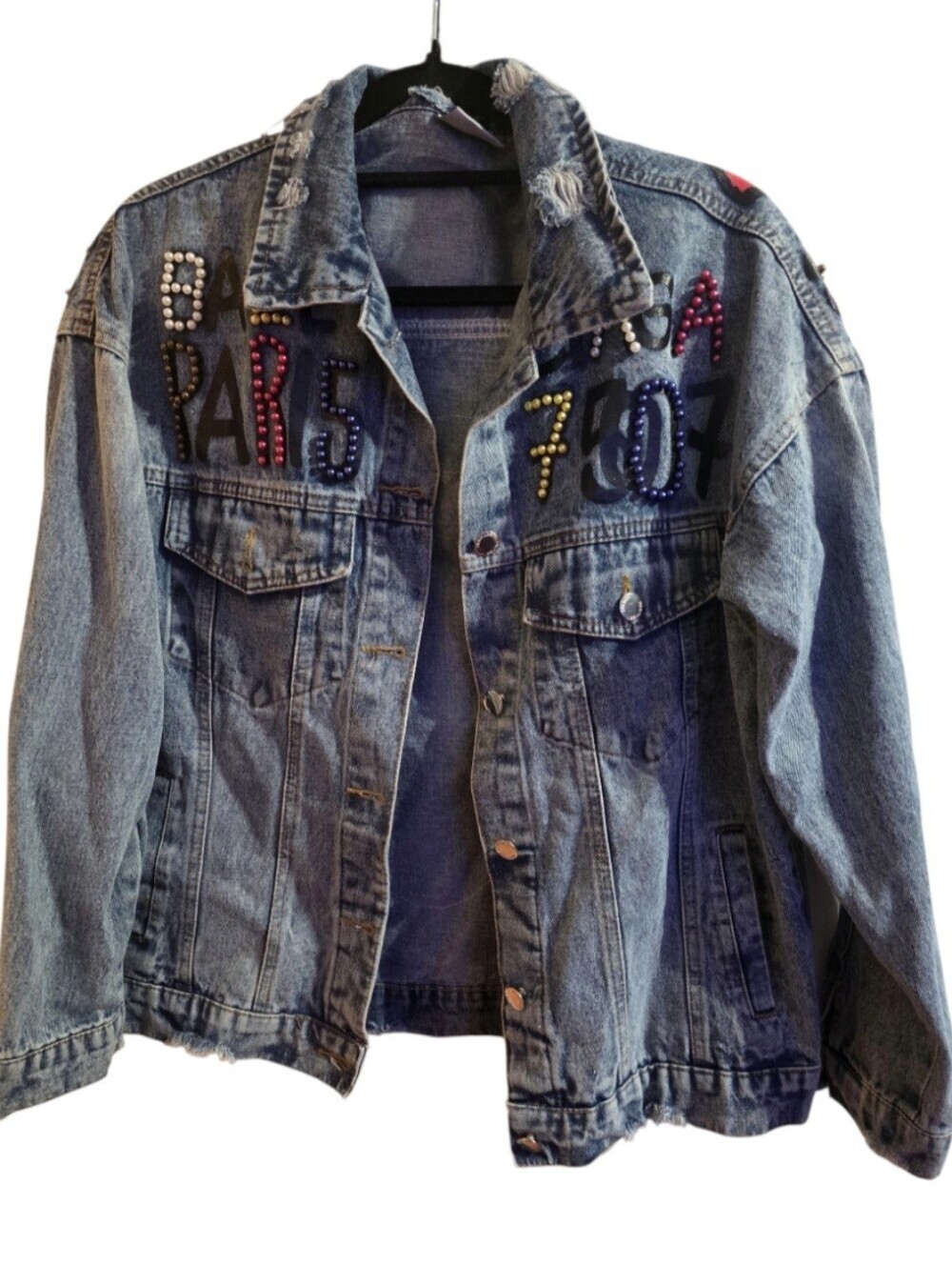 Custom Y2K Graffiti Denim Jacket Rhinestone Teddy Bear Paris Distressed Size S